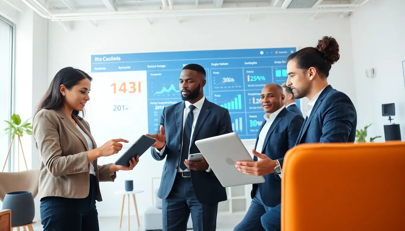 professionals collaborating in a modern office setting focused on IoT and machine learning.